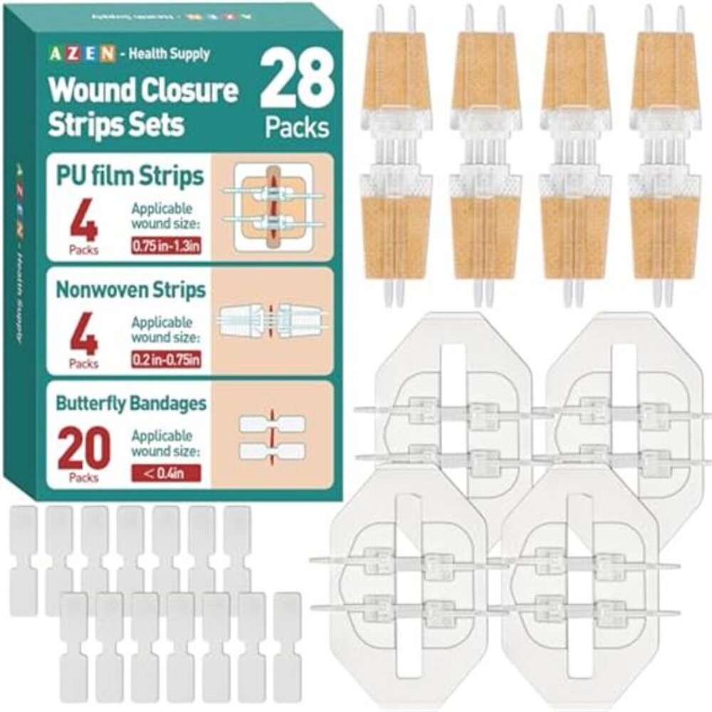 AZEN 28 Pack Wound Closure Strips, 3 Types Butterfly Bandages, Emergency